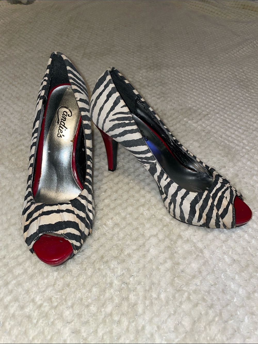 Candie's Zebra-Print Peep-Toe Heels with Red Accents 5 1/2
